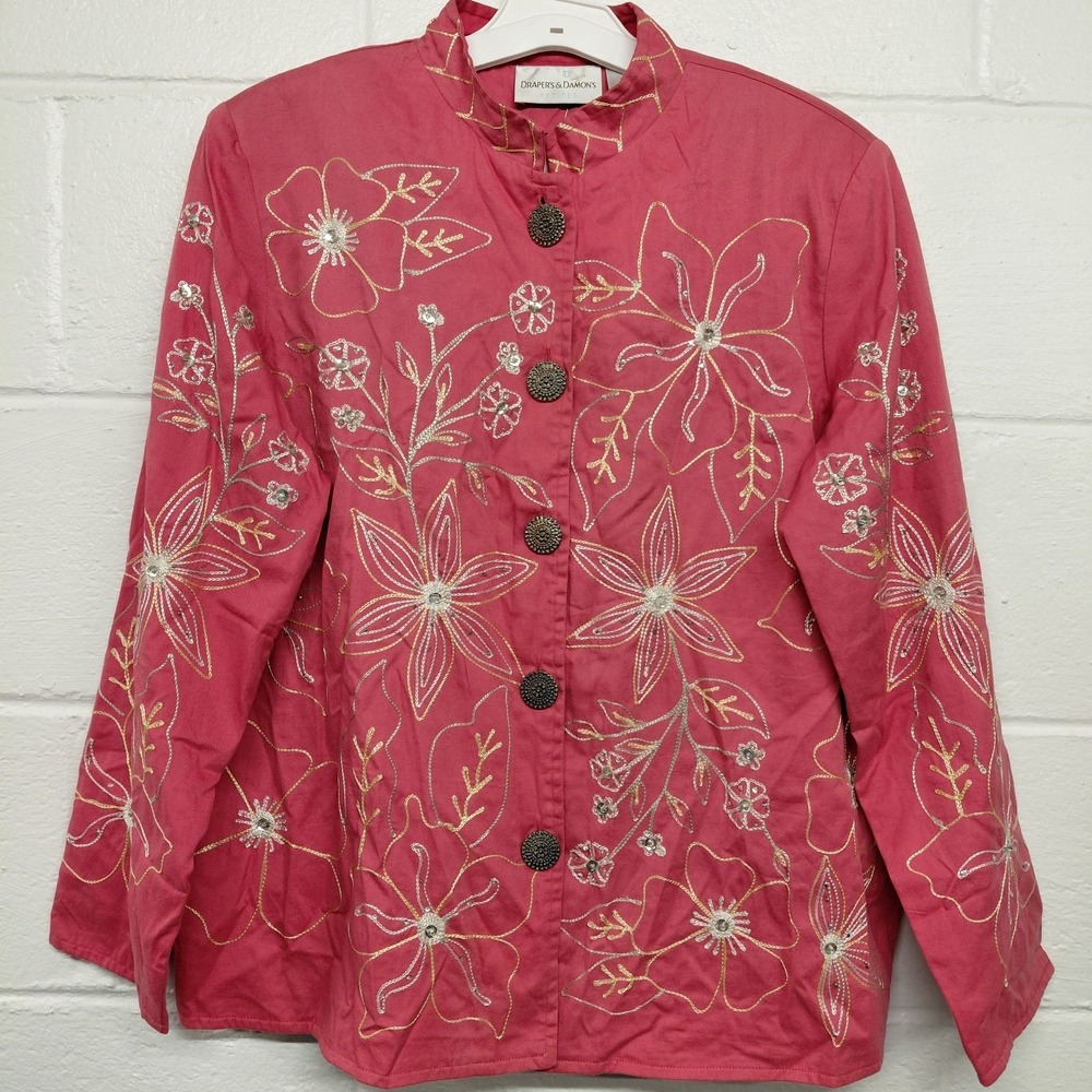 Draper's & Damon's Womens LARGE Pink Floral Embroidered Button Up Jacket MSP $79